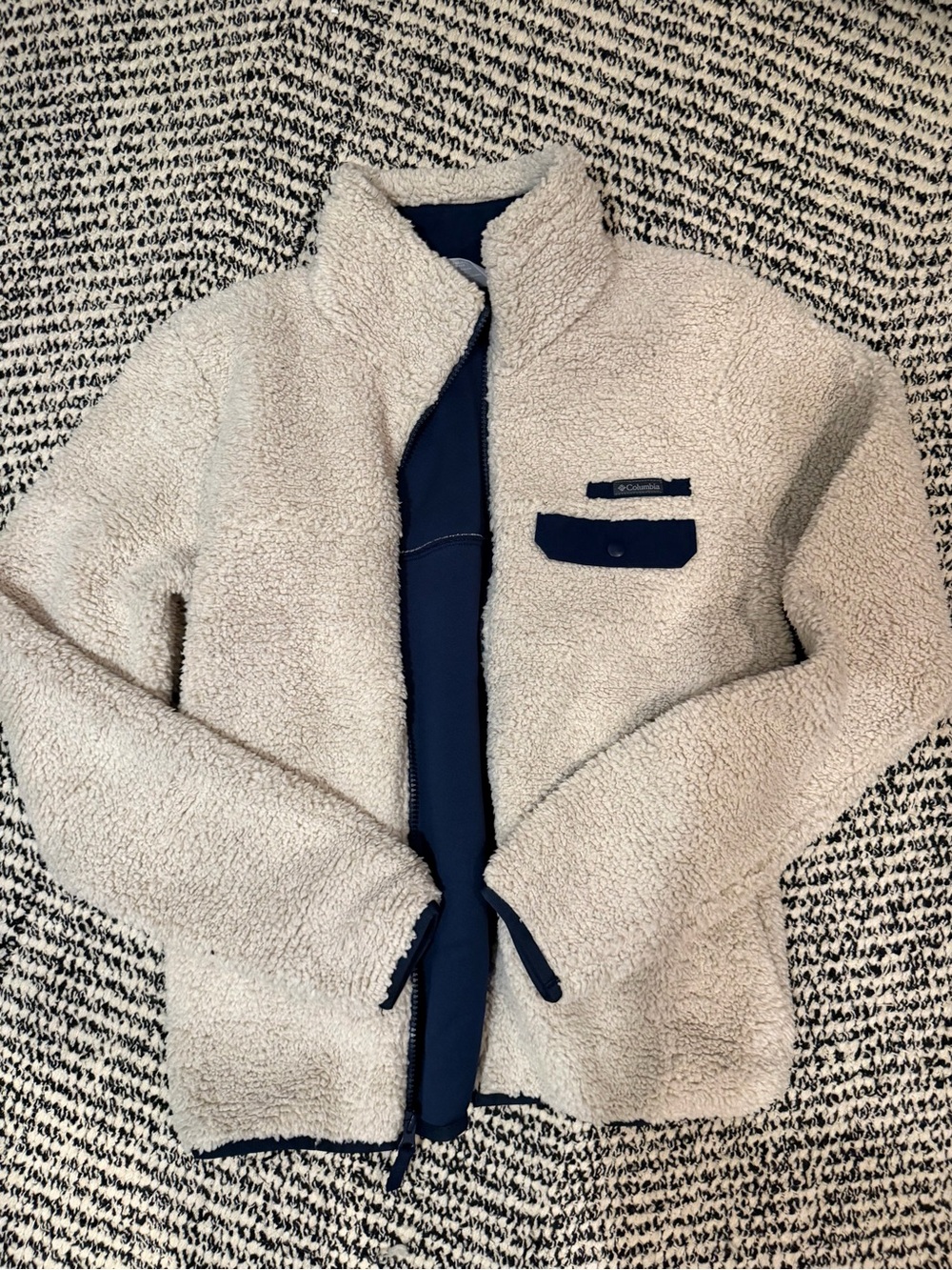 Columbia Cream Sherpa Teddy Jacket with Navy Trim